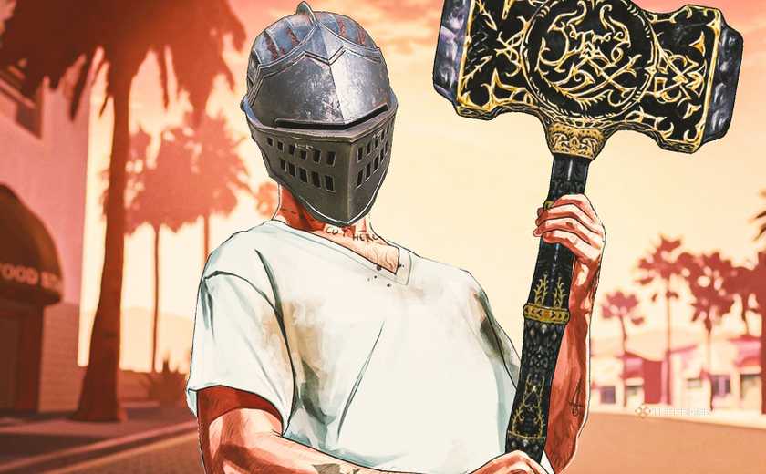 Trevor from GTA 5 with a helmet and an ornate fantasy hammer.