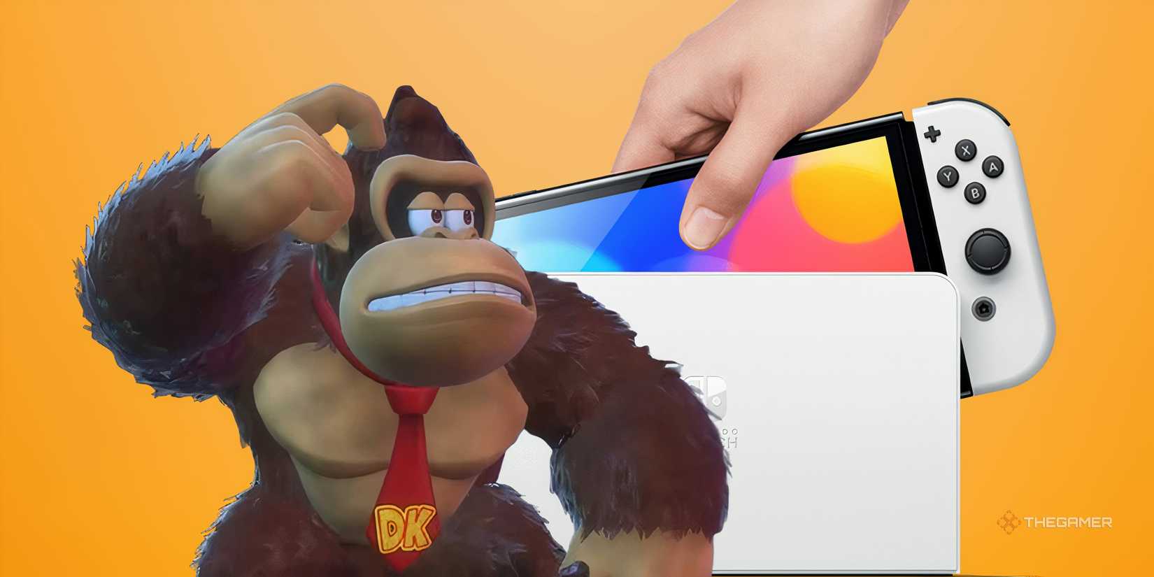 donkey kong scratching his head looking at a nintendo switch oled.